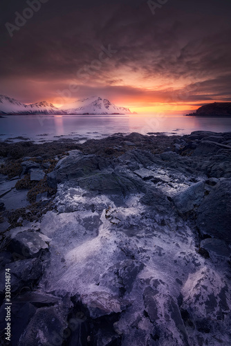 Colorful winter sunrise on the Icelandic coast in the Stoksness area with a close up of rocks and ice in great detail