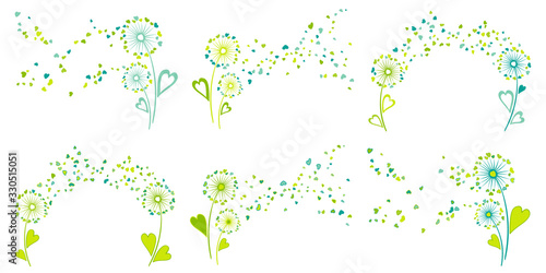 Blue teal green vector dandelion herbs, meadow flowers illustration. Floral romantic background with dandelion blowing plant. Flowers with heart shaped feather flying. Meadow blossom.