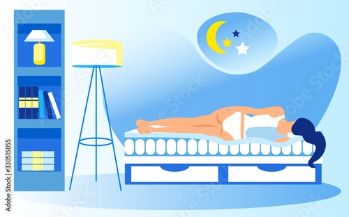 Orthopedic Mattress Infomercial Poster. Bedroom with Shelving and Standard Lamp. Young Woman in Underwear, Sleeping Deep at Night on Bed with Mattress for Anatomically Correct Backbone Position.
