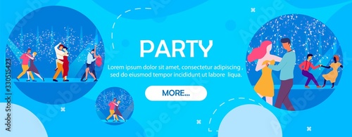 Nightclub Party Banner. Cartoon People Dancers on Dancefloor in Neon Light Vector Illustration. Happy Man Woman Dancing Latin Tango Waltz Salsa. Club Discotheque. Nightlife Leisure Fun