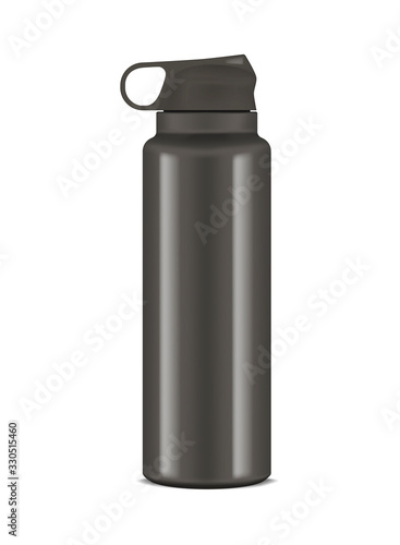 Vacuum insulated water bottle with carry handle, realistic vector illustration. Black metal sport flask, mockup