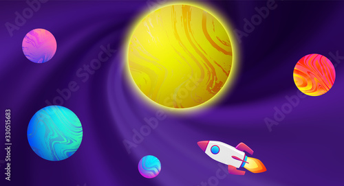 Rocket spaceship travel to the new planets and galaxies. Space trip future technology. Asteroid mining future business concept. Rocket space ship, abstract planets, stars, asteroids and sun.