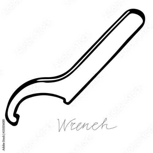 Hand-draw black vector illustration of metallic locksmith tool isolated on a white background with lettering wrench