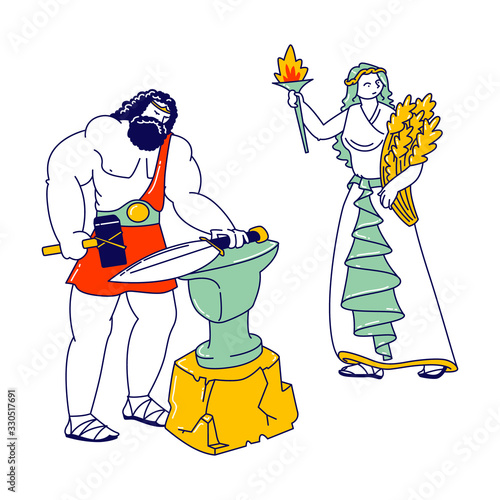 Olympic Gods Characters Hephaestus or Vulcan Patron of Fire and Blacksmiths. Goddess Demeter or Ceres Patroness of Fertility, Agriculture and Marriage in Greek Muths. Linear People Vector Illustration