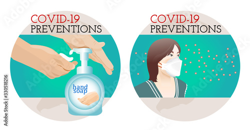 COVID-19 prevention by washing your hand frequently and woman wearing a face mask