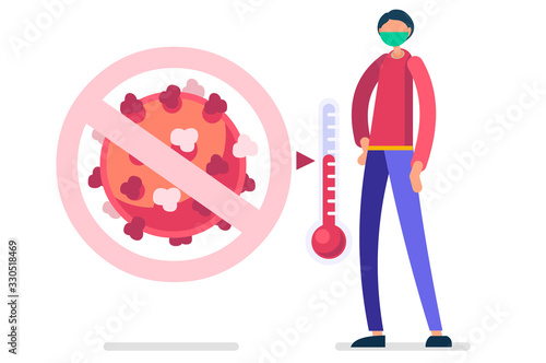 Coronavirus symbolic alert, infection risk symbol. Virus infected person with fever, coronaviruses signs and symptoms. Global health caution to viruses pandemic outbreak. Medical concept. Vector