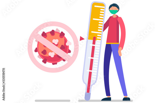 Coronavirus symbolic alert, infection risk symbol. Virus infected person with fever, coronaviruses signs and symptoms. Global health caution to viruses pandemic outbreak. Medical concept. Vector