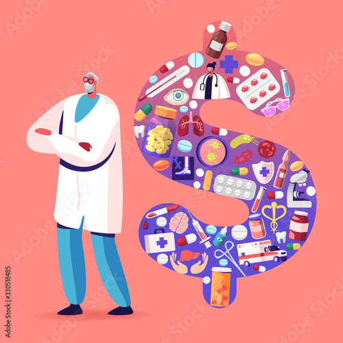 Senior Doctor Character Wearing White Robe Stand with Crossed Arms near Huge Dollar Sign Made of Medical Stuff, Drugs and Items. Medicine Price and Service Cost Concept. Cartoon Vector Illustration