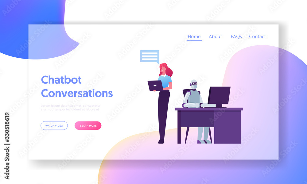 Artificial Intelligence in Human Life, Chatbot Service Landing Page Template. Robot Sitting at Desk with Computer Working with Office Woman Character, Automatization. Cartoon Vector Illustration Artificial Intelligence in Human Life, Chatbot Service Landing Page Template. Robot Sitting at Desk with Computer Working with Office Woman Character, Automatization. Cartoon Vector Illustration