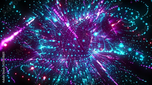 4K Abstract motion background animation shining particles and neon colors light  forms fluctuating in space seamless loop