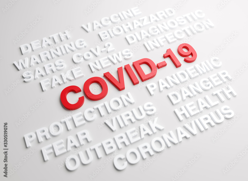 COVID-19 red text surrounded by words that relate to this topic, 3D render series COVID-19 red text surrounded by words that relate to this topic, 3D render series