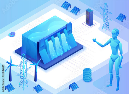 Hydroelectric power plant isometric vector illustration,  3d blue neon electric energy station