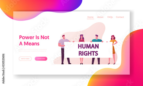 Human Right Landing Page Template. Protesting People with Placards and Signboard on Strike or Demonstration. Characters Stand with Banner on Demonstration Riot, Picket. Cartoon Vector Illustration