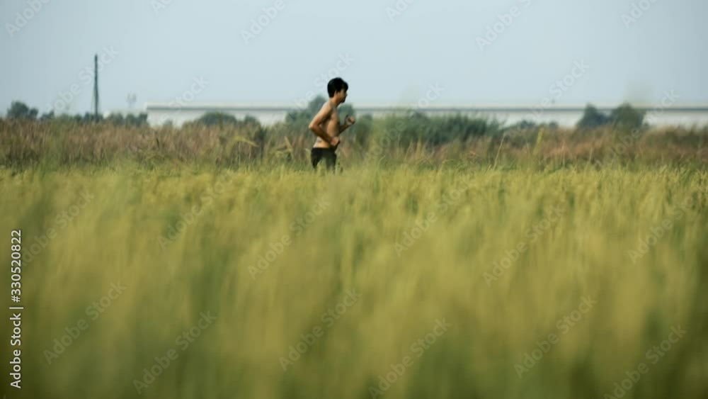 Young man jogging at country road between fields slow motion ,Sport Concept. Young man jogging at country road between fields slow motion ,Sport Concept.