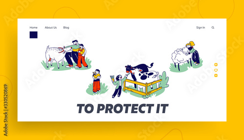 Little Kids Visit Farming Zoo with Parents Landing Page Template. Children Characters Petting Domestic Animals Care of Cows, Sheep, Rabbits and Goat on Weekend. Linear People Vector Illustration
