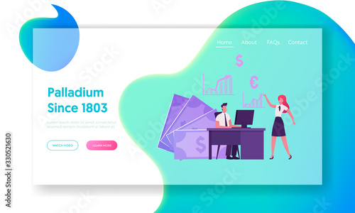 Broker Service Pc Application Landing Page Template. Business People Characters Traders Working on Computer Sell Buy Currency, Palladium, Bonds and Metals on Stock Market. Cartoon Vector Illustration