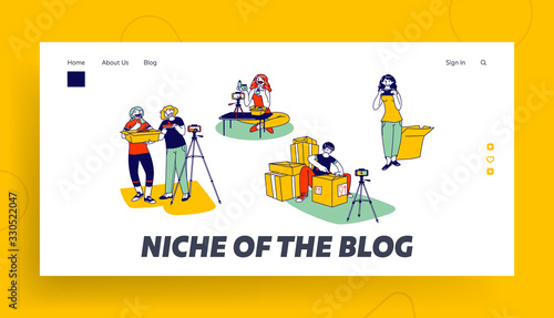 Mail Delivery Shipment Blogging Landing Page Template. Bloggers Characters Opening Parcel Boxes Recording Unboxing Video for Internet. Live Streaming Social Media. Linear People Vector Illustration