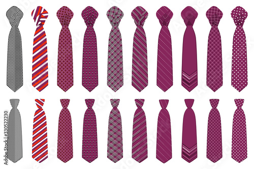 Illustration on theme big set ties different types, neckties various size