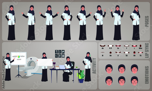 Arab woman Doctor character Set. Collection of character body Poses, facial gestures, medical activities and Lip syncs poses. Ready-to-use and animate, character set. Vector illustration.