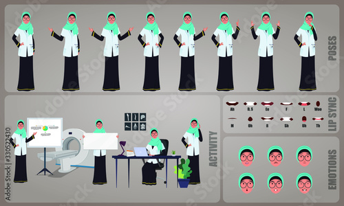Arab woman Doctor character Set. Collection of character body Poses, facial gestures, medical activities and Lip syncs poses. Ready-to-use and animate, character set. Vector illustration.