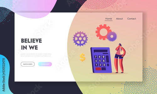 Medical Expenses, Medicine Price and Drugs Cost Landing Page Template. Woman Character Stand at Huge Calculator, Cogwheels and Dollar Sign. Health Care, Finance Budget. Cartoon Vector Illustration