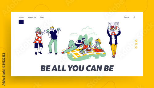 No Diet Landing Page Template. Characters Enjoying Unhealthy Junk Food. People Refuse Healthy Lifestyle Meals Prefer Eating Fat Food with High Level Calories and Carbs. Linear Vector Illustration