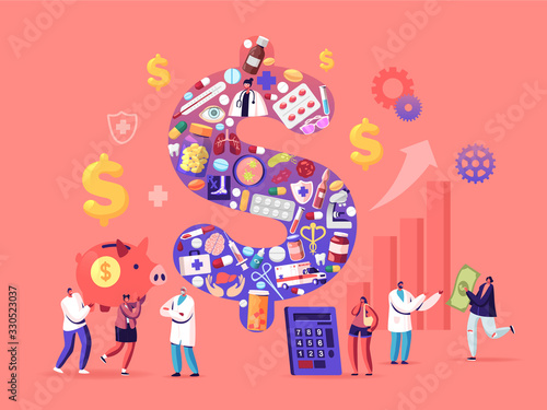 Medicine Price  Pharmacy  Health and Accessibility Concept. Tiny Male and Female Characters around of Huge Dollar Sign Made of Drugs and Medical Stuff. People Buy Remedy. Cartoon Vector Illustration