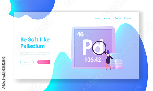 Palladium Mendeleev Table Chemical Element Landing Page Template. Tiny Female Character Looking through Huge Magnifying Glass at Pd Metal in Laboratory. Chemistry Research. Cartoon Vector Illustration