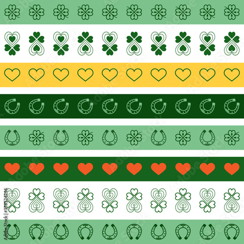 Patrick's Day Ribbon Color Set. Vector illustration of Seamless borders. Clover leaves, horseshoe, heart. Striped elements isolated. For holiday design, greetings, postcards, prints, add-ons and more.