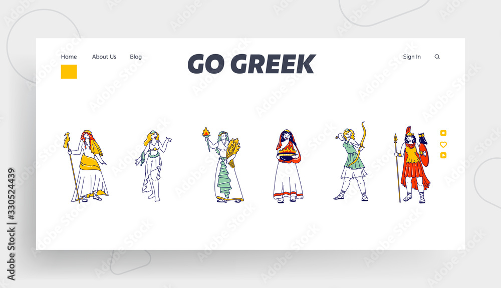 Antique Greek Olympic Goddess Characters Landing Page Template. Hera, Juno and Athena or Minerva, Demeter, Ceres and Aphrodite or Venus, Hestia, Vesta and Artemis or Diana. Linear Vector Illustration