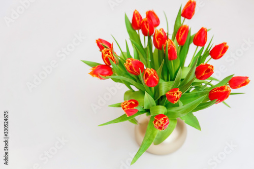 Bouquet of tulips in a vase on a light background