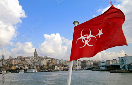 Turkish flag with bio hazard symbol and Istanbul in the background