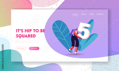 Mathematics Science Landing Page Template. Smiling Girl Student Character Carry Huge Number Five. Excellent Test or Exam Result, Higher Education in College or University. Cartoon Vector Illustration