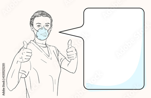 Sketch of woman wearing medical face mask showing thumb up gesture with both hands, template for information banner with speech bubble, Hand drawn vector illustration