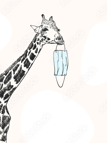 Sketch of giraffe holding medical face mask in mouth, Hand drawn vector. Cute illustration virus protection for children