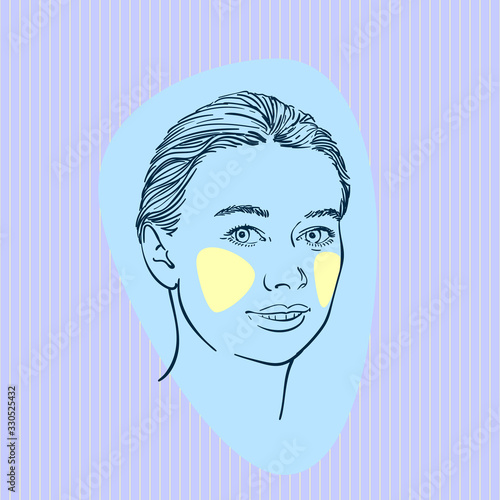 Sketch of pretty woman head with yellow cheeks on blue abstract streamlined shape on violet striped square, Hand drawn vector illustration