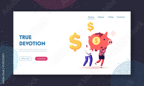Medicine Price Landing Page Template. Man and Woman Carry Huge Piggy Bank with Dollar Sign and Medical Corss. People Saving Money, Health Care. Family Finance Budget. Cartoon Vector Illustration
