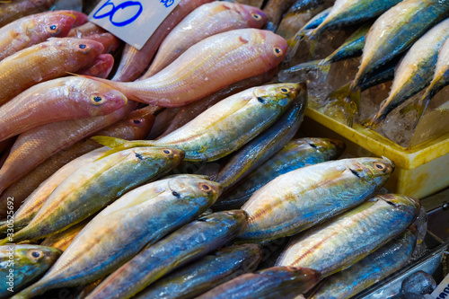 Many type colorful of seafood fish sell in fishery local market