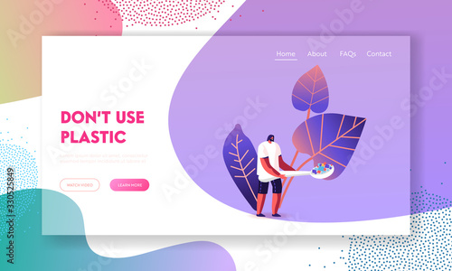 Volunteer Explore Ecological and Earth Nature Pollution Problem Landing Page Template. Tiny Male Character Holding Huge Spoon with Pile of Microplastic Pieces in Water. Cartoon Vector Illustration