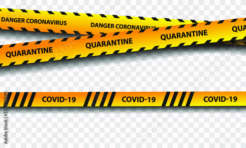 Quarantine sign of biological hazard. Warning of yellow and black stripes quarantine coronavirus. Isolated on a transparent background.