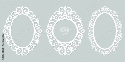 Set of abstract oval frames with swirls, vector ornament, vintage frame. May be used for laser cutting. Photo frames with lace for paper cutting.