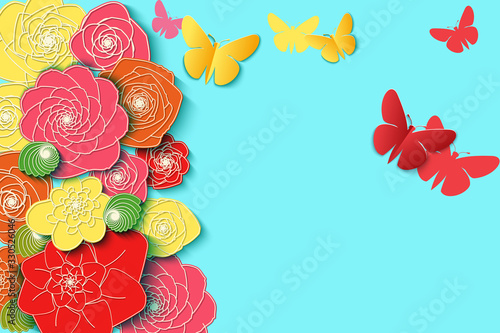 Spring big sale card with cut paper flowers and butterflies.Template for banners or flyers and posters. Design for invitation, brochure or voucher discount.