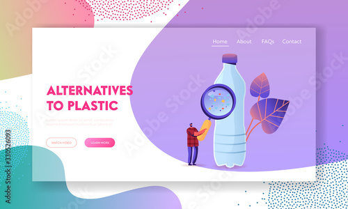 Ecological Earth Nature Pollution Problem Landing Page Template. Tiny Male Character with Huge Magnifying Glass Look at Bottle with Microplastic Pieces in Drinking Water. Cartoon Vector Illustration