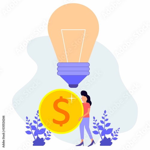 Financial consultant with a brilliant friendly idea while lifting coins. Successful investor or entrepreneur. Financial consulting, investment and savings. Modern vector illustration.