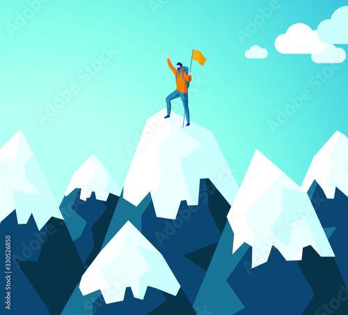 Trendy flat illustration. Winner man on mountain peak. Victory symbol. Competition. Goal achievement. Mountain landscape. Template for your design works. Vector graphics.