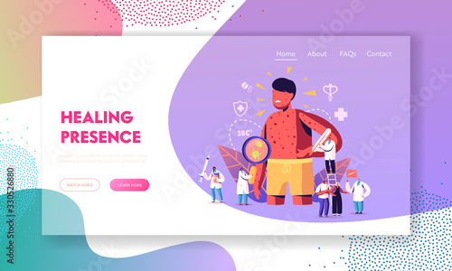 Chicken Pox Varicella Symptoms Landing Page Template. Tiny Doctors Characters with Stuff near Huge Boy with Red Pimples on Body. People Vaccination, Medical Prevention. Cartoon Vector Illustration