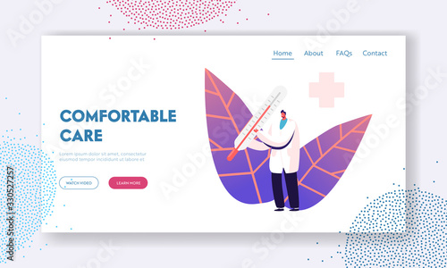 Chickenpox Fever Examination Disease Landing Page Template. Male Doctor Character in Medical Uniform Holding Clinical Thermometer of High Fever Temperature, Healthcare. Cartoon Vector Illustration