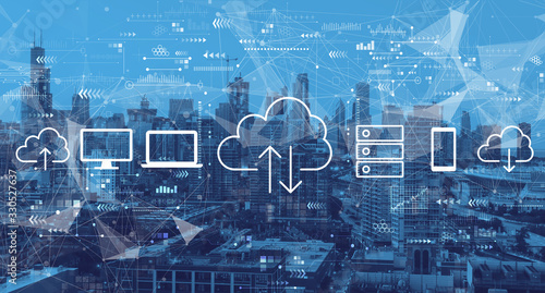 Cloud computing with downtown Chicago cityscape skyscrapers photo