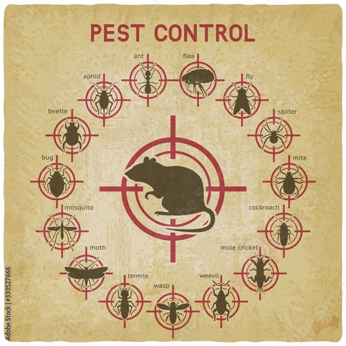 Pest Control icons set on red target vintage background