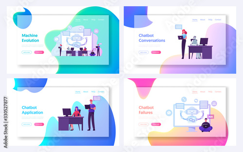 Chat Bot Service Futuristic Technologies, Automatization Landing Page Template Set. Male Female Client Characters Online Consultation, Ai Future Innovation, Faq Aid. Cartoon People Vector Illustration
